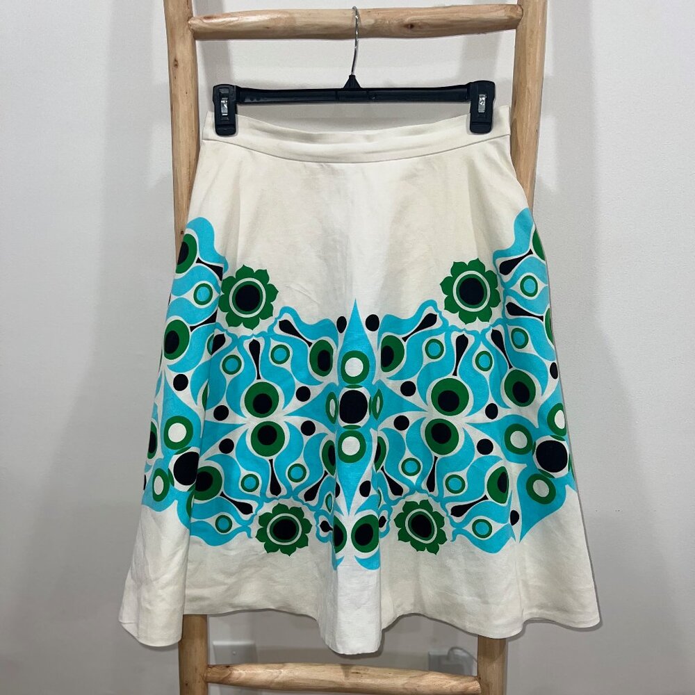 Kate Spade Peacock Print Linen Skirt Size 10 Knee Length A Line Circle